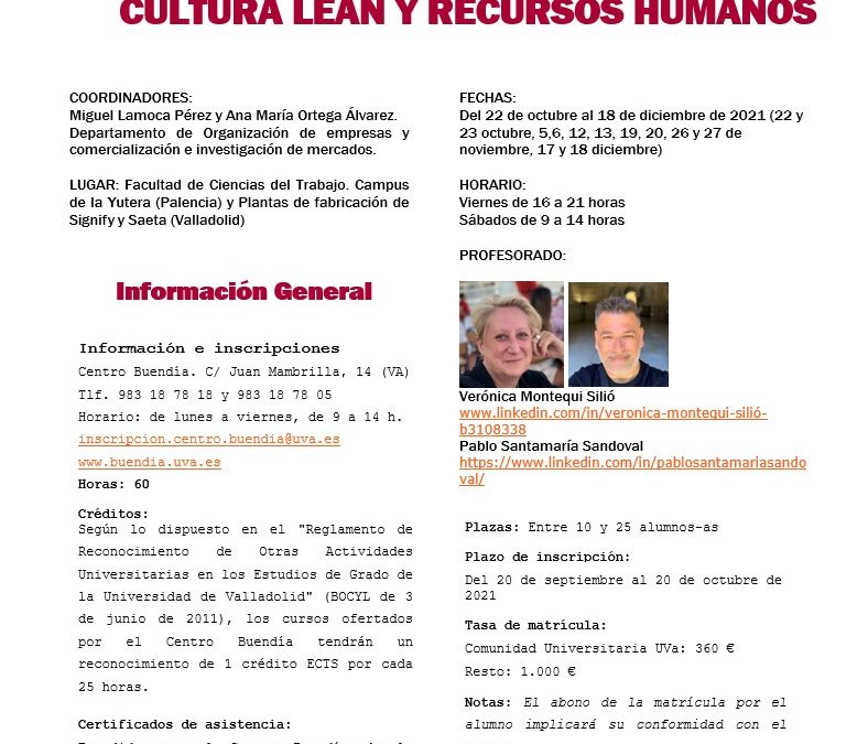 La Facultad de Ciencias del Trabajo de Palencia organiza el Curso de cultura lean y recursos humanos